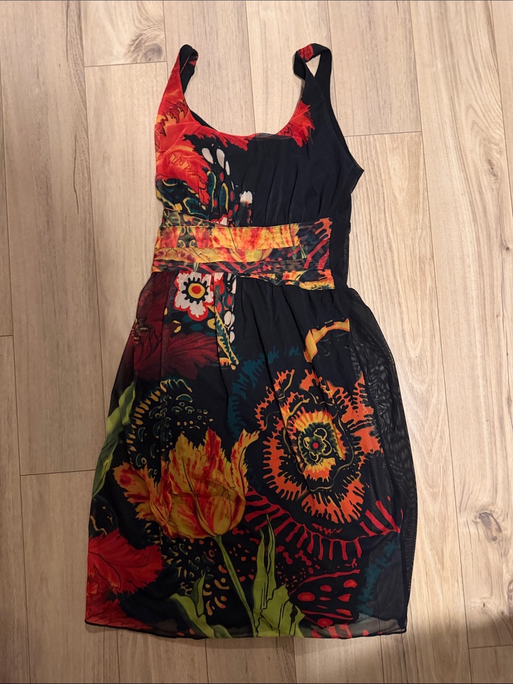 Desigual Black Floral Print Sleeveless Dress with Red, Orange, Yellow Accents